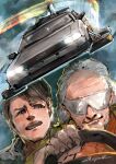  2boys back_to_the_future back_to_the_future_part_ii delorean driving emmett_brown flying_car grey_hair hair_slicked_back highres hover_vehicle ikuyoan male_focus marty_mcfly multiple_boys old old_man open_mouth science_fiction signature smile steering_wheel sunglasses sweatdrop 