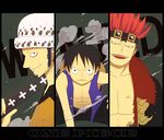  abs angry beard black_hair blue_hair chain copyright_name earrings eleven_supernova eustass_captain_kid facial_hair fur_trim gear_second goggles goggles_on_head hat jewelry male_focus monkey_d_luffy multiple_boys one_piece open_clothes open_vest red_hair saya_(temporubato) scar smile smirk spikes straw_hat trafalgar_law vest 