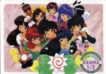  6+girls 90s bird black_hair blue_eyes bow bowtie braid brown_hair cat copyright_name dress duck flower formal genderswap genderswap_(mtf) happosai hibiki_ryouga kunou_kocho kuonji_ukyou long_hair mousse mousse_(duck) multiple_boys multiple_girls nakajima_atsuko ninomiya_hinako p-chan panda pig ranma-chan ranma_1/2 red_hair saotome_genma saotome_nodoka saotome_ranma scan scan_artifacts shampoo_(ranma_1/2) single_braid suit sunglasses tendou_akane 