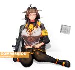  1girl ahoge armband artist_name black_jacket black_pantyhose black_skirt blush breasts brown_hair commission commissioner_name cosplay girls&#039;_frontline gun h&amp;k_ump headpiece highres jacket kantai_collection kongou_(kancolle) large_breasts looking_at_viewer pakdeus pantyhose pleated_skirt sitting skirt solo submachine_gun ump45_(girls&#039;_frontline) ump45_(girls&#039;_frontline)_(cosplay) undersized_clothes wariza weapon yellow_armband 