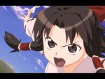  angry anime_coloring bad_id bad_pixiv_id brown_eyes brown_hair chibi_maru close-up day face hakurei_reimu letterboxed ofuda open_mouth sky solo touhou 