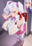 1girl alternate_costume ankle_bow asymmetrical_bangs aurelia_le_guin backpack bag blue_gemstone blush bow breasts breath cellphone center_frills collared_shirt commentary covered_nipples curtained_hair earrings eiyuu_densetsu eyelashes frilled_skirt frills from_above full_body furrowed_brow gem glowing grey_hair hair_ornament hair_scrunchie highres hypnosis indoors jewelry lactation lactation_through_clothes large_breasts large_pasta long_hair looking_at_viewer mind_control miniskirt nail_polish neck_ribbon nervous_smile official_alternate_hairstyle ok_sign parted_bangs parted_lips phone pink_bow pink_nails pink_ribbon pink_scrunchie pink_skirt pointy_breasts puffy_short_sleeves puffy_sleeves purple_eyes randoseru red_shoes ribbon scrunchie sen_no_kiseki_(series) sen_no_kiseki_iv shirt shoes short_sleeves skirt smartphone smile solo_focus standing sweat thighhighs tile_floor tiles twintails white_shirt white_thighhighs wing_collar wrist_scrunchie 