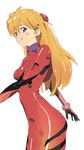  bangs blue_eyes blush bodysuit bracer breasts closed_mouth cowboy_shot from_side gloves hair_between_eyes headgear kurisuka light_smile long_hair looking_at_viewer neon_genesis_evangelion orange_hair pilot_suit plugsuit red_bodysuit shiny shiny_clothes sideways_glance simple_background skin_tight small_breasts smile solo souryuu_asuka_langley standing turtleneck white_background 