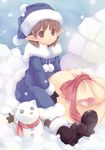  bad_id bad_pixiv_id bag boots brown_hair elf hat highres igloo original pointy_ears purple_eyes scarf snow snow_shelter snowman solo toyodaeri 