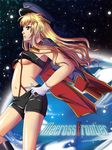  bandeau blonde_hair blue_eyes breasts gloves hands_on_hips hat long_hair macross macross_frontier medium_breasts midriff miyu_(lovesickness) peaked_cap sheryl_nome shorts solo space strapless suspenders tubetop underboob 