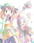  alternate_costume armpits artist_request bandana beanie bike_shorts blue_hair bracelet brown_eyes brown_hair gloves green_eyes hair_ornament haruka_(pokemon) hat hikari_(pokemon) holding holding_poke_ball jewelry laughing long_hair lowres miniskirt multiple_girls pleated_skirt poke_ball poke_ball_(generic) pokemon pokemon_(game) pokemon_emerald pokemon_rse scarf shirt short_hair skirt sleeveless sleeveless_shirt smile 