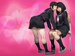  black_eyes black_hair copyright_request cozy flower highres kneepits lily_(flower) multiple_girls school_uniform serafuku sitting 