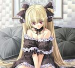  black_cat black_cat_(series) blond_hair blonde_hair breasts cleavage eve eve_(black_cat) frills frilly hair_ribbon lace long_hair red_eyes ribbon sitting 