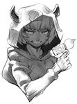  bad_id bad_pixiv_id copyright_request cozy greyscale grin hood horns monochrome red_eyes sketch smile solo spot_color 