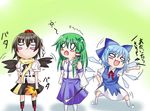  :&lt; chibi cirno fan geta hat kochiya_sanae multiple_girls shameimaru_aya shino_(moment) tengu-geta touhou 