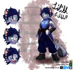 alternate_color anthro black_boots black_clothing black_footwear blue_bottomwear blue_cloak blue_clothing blue_hair blue_pants blue_shirt blue_topwear boots bottomwear cloak clothing english_description english_text facial_expressions felid feline female footwear fur green_eyes grey_body grey_fur hair hand_on_hip hi_res laughing_at_another leg_strap looking_at_viewer mammal markings multicolored_body multicolored_fur pantherine pants pink_nose rogue shaded shirt shoes short_hair simple_background simple_coloring simple_shading sinisterslyfox sleeveless_clothing sleeveless_hoodie sleeveless_shirt smirking_at_another snow_leopard soft_shading solo spots spotted_body spotted_fur standing text thief topwear wristband