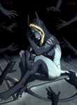 2025 5_fingers angry anthro anubian_jackal breasts canid canine canis digital_media_(artwork) facial_piercing fangs female fingers glowing glowing_eyes group hair hand_reaching hastogs hi_res jackal long_hair mammal multi_hand nose_piercing nude piercing red_eyes shadow signature tail teeth