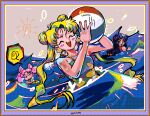  3girls ball beachball bishoujo_senshi_sailor_moon black_hair blonde_hair chibi_usa closed_eyes commentary cone_hair_bun double_bun earrings english_commentary flower_earrings green_one-piece_swimsuit hair_bun halterneck hino_rei holding holding_ball holding_beachball innertube jewelry miyako_(blue_archive) multiple_girls ocean one-piece_swimsuit partially_submerged pink_hair swim_ring swimsuit twintails vibnib 