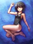  amagami barefoot black_eyes black_hair breasts competition_swimsuit feet flat_chest full_body legs lying nanasaki_ai one-piece_swimsuit short_hair sideboob small_breasts solo swimsuit tamago_(yotsumi_works) 