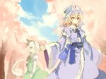  blonde_hair bow cherry_blossoms dress ghost hair_ornament hairband hat hitodama japanese_clothes kimono konpaku_youmu konpaku_youmu_(ghost) long_hair multiple_girls red_eyes saigyouji_yuyuko short_hair smile touhou white_hair 