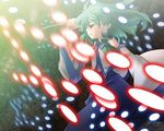  danmaku detached_sleeves green_hair inuinui japanese_clothes kochiya_sanae motion_blur profile snake solo touhou yellow_eyes 