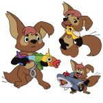 1:1 ambiguous_gender anthro brown_body brown_fur female feral fish fluffy fluffy_tail fur group hair hybrid mammal marine marsupial nude playing pouch_(anatomy) prostokvashino red_hair shark solo tail tama-tama toy toy_gun trio unknown_artist water water_gun