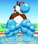 3_toes absurd_res anthro azul_(yoshi) barefoot blue_body blue_yoshi bodily_fluids cyan_yoshi feet foot_fetish foot_focus futonmania hi_res male male/male mario_bros nintendo paws pool sitting soles solo sweat teasing_with_feet toes water wet_feet white_body yoshi