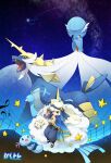  1boy altaria alternate_color blonde_hair blue_cape blue_eyes blue_pants cape chiyo_(195815) cubone gardevoir highres jirachi keffiyeh moon musical_staff open_mouth orange_eyes pants pixiv_trainer pokemon pokemon_(creature) praying samurott sandals shiny_pokemon shooting_star star_(sky) togepi wooper 