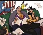 4boys ascot beard black_gloves black_hair black_pants blue_hair buggy_the_clown cigar commentary_request crocodile crocodile_(one_piece) crocodilian dracule_mihawk f4ylu facial_hair flying_paper flying_sweatdrops galdino gloves hat highres holding holding_paper hook_hand jewelry letterboxed long_hair male_focus multiple_boys mustache one_piece orange_ascot pants paper pirate_hat red_nose ring shirt sitting smoke stitched_face stitches yellow_shirt 