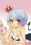  blue_hair blush breasts cleavage crown hair_ornament hairclip itou_noiji lowres mouth_hold orange_eyes short_hair tail 