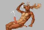 anthro antlers balls bodily_fluids brown_body brown_fur clothing cum deer ejaculation erection eyes_closed fallowfox footwear foreskin fur genital_fluids genitals grey_background hands-free holding_clothing holding_footwear holding_object holding_socks horn humanoid_genitalia humanoid_penis male mammal muscular muscular_anthro muscular_male musk_worship nude_anthro nude_male open_mouth penis simple_background sitting sniffing sniffing_clothes sniffing_sock sock_fetish sock_sniffing socks solo tan_body tan_fur