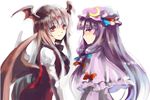  bad_id bad_pixiv_id bat_wings bow crescent hair_bow hat head_wings koakuma long_hair multiple_girls patchouli_knowledge purple_eyes purple_hair red_eyes red_hair szuinyo touhou wings 