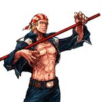  artist_request bandana belt billy_kane blonde_hair blue_eyes fatal_fury jacket male_focus muscle open_clothes open_jacket solo staff the_king_of_fighters weapon 