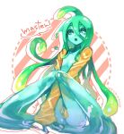  1girl colored_skin dated english_text green_eyes green_hair green_skin hair_between_eyes kitaya long_hair long_sleeves monster_girl monster_musume_no_iru_nichijou open_clothes open_mouth open_shirt shirt slime_hair solo suu_(monster_musume) yellow_shirt 