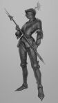  1girl absurdres armor billhook breastplate chainmail commentary commission crescent crescent_hat_ornament faulds full_armor full_body gauntlets greaves grey_background greyscale hat_ornament helm helmet highres holding holding_polearm holding_weapon looking_at_viewer monochrome original plate_armor polearm simple_background solo standing wass_nonnam weapon 