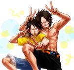  airotagivan bad_id bad_pixiv_id black_hair double_v freckles grin male_focus monkey_d_luffy multiple_boys one_piece portgas_d_ace scar shirtless smile v 