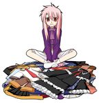  clothes clothes_on_floor dress fate/stay_night fate_(series) genderswap genderswap_(mtf) indian_style kaze_shibuki long_hair messy_hair necktie no_shoes personality_switch pink_hair red_eyes shirouko simple_background sitting skirt socks solo v_arms 