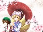  animal_ears blonde_hair brown_eyes brown_hair cat_ears cat_tail chen cherry_blossoms earrings fox_tail hat holding holding_umbrella jewelry long_sleeves looking_at_viewer multiple_girls multiple_tails onemu open_mouth oriental_umbrella parasol petals pillow_hat short_hair tail tassel touhou umbrella yakumo_ran 