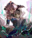  2girls alternate_costume bare_shoulders blue_dress blue_gloves dress elbow_gloves expressionless gloves green_shirt hair_between_eyes hairband hat highres hug konpaku_youmu long_sleeves multiple_girls pink_eyes pink_hair saigyouji_yuyuko shirt touhou upper_body wavy_hair white_hair xian_qishui yellow_eyes 