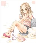  1girl blonde_hair brown_eyes brown_hair cross-laced_legwear curly_hair cut_jeans digital_media_player forehead full_body hair_bobbles hair_ornament hair_pin hairpin indoors ipod long_hair polka_dot shopping-bag shopping_bag shorts sitting solo thighs wavy_hair 