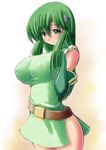  blush breast_squeeze breasts copyright_request covered_nipples elbow_gloves fingerless_gloves gloves green_eyes green_hair hairband impossible_clothes impossible_shirt kourourin large_breasts long_hair shirt solo 