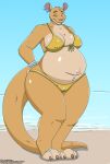 beach belly big_belly bikini bikini_bottom bikini_top breasts clothing cudacore female hi_res jewelry kangaroo macropod mammal marsupial mature_female navel outie_navel piercing pouch_(anatomy) pregnant swimwear toni_(cudacore) two-piece_swimsuit
