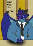 animalatnight anthro attorney badge blue_body blue_scales claws clothed clothing courtroom dark_body dark_scales digital_media_(artwork) dragon horn lawyer male markings membrane_(anatomy) membranous_wings multicolored_body mythological_creature mythological_scalie mythology necktie nightwing_(wof) purple_body purple_scales reptile scales scalie shirt solo suit suit_jacket text topwear white_markings wings wings_of_fire