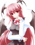  demon long_hair pointy_ears red_eyes red_hair redhead smile succubus uniform wings 