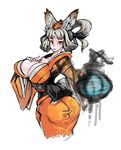  animal_ears ass blush breasts brown_eyes cleavage fox_ears grey_hair huge_breasts japanese_clothes kimono kongiku lantern large_breasts leaf leaf_on_head looking_back oboro_muramasa red_eyes ribbon smile solo teruki vanillaware 