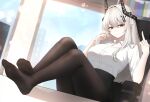  1girl absurdres arknights black_horns black_skirt brown_pantyhose closed_mouth collared_shirt commentary commission day english_commentary feet feet_on_table full_body hair_between_eyes highres horns hyeroin indoors lens_flare long_hair looking_at_viewer middle_finger mixed-language_commentary mudrock_(arknights) no_shoes pantyhose pixiv_commission pointy_ears red_eyes shirt short_sleeves sidelocks sitting skirt soles solo table white_hair white_shirt 