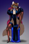 absurd_res adrienne_(crovirus) anthro arm_support arm_tuft armwear big_breasts black_clothing black_dress blue_eyes blue_eyeshadow bob_cut breasts brown_hair chair choker clothed clothing crovirus curvy_figure dress ear_piercing ear_ring elbow_gloves eyeshadow female footwear furniture gem gloves gradient_background gulonine hair handwear hi_res high_heels hoop_ear_ring hourglass_figure jewelry leaning_on_elbow legwear lipstick looking_at_viewer makeup mammal marten mustelid musteline necklace no_underwear on_chair one_leg_up piercing pine_marten raised_leg red_lipstick ring_piercing shoes shoulder_tuft simple_background sitting sitting_on_chair slit_dress smile solo stockings tuft