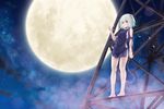  bare_shoulders barefoot breasts conjaku flower fragile:_sayonara_tsuki_no_haikyo hair_flower hair_ornament highres moon night no_panties petals purple_eyes ren_(fragile) short_hair sideboob silver_hair sky small_breasts solo 