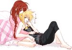  alternate_hairstyle bare_shoulders barefoot blonde_hair braid brown_hair camisole closed_eyes fate_testarossa feet finger_in_mouth finger_sucking highres holding_hands hug long_hair lyrical_nanoha mahou_shoujo_lyrical_nanoha_strikers multiple_girls pajamas reclining socks takamachi_nanoha tokoharu yuri 