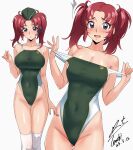  1girl absurdres alternate_costume blush breasts cleavage clothes_pull commentary_request commission competition_swimsuit covered_navel garrison_cap green_hat green_one-piece_swimsuit gundam gundam_seed gundam_seed_destiny hat highleg highleg_one-piece_swimsuit highres large_breasts long_hair looking_at_viewer meyrin_hawke one-piece_swimsuit one-piece_swimsuit_pull open_mouth pixiv_commission red_eyes red_hair signature simple_background swimsuit thighs twintails white_background yoo_tenchi 
