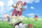  1girl bag blue_overalls bow brown_hair chikorita cloud commentary_request day grass hat hat_bow hoothoot long_hair lyra_(pokemon) mareep on_lap outdoors overalls pokemon pokemon_(creature) pokemon_hgss pokemon_on_lap red_bow red_shirt red_shoes shirt shizupu shoes sky thighhighs three-quarter_sleeves twintails wooper 