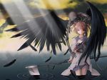  1girl angel brown_hair chains feather feathers female jewelry necklace onozuka_komachi scythe short_hair skeleton touhou wings yuuki_eishi 