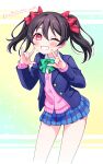  1girl \m/ black_hair blazer blue_jacket blue_skirt blush bow bowtie buttons cardigan collared_shirt commentary cropped_legs double_\m/ green_bow green_bowtie grin hair_between_eyes hair_bow heart highres himemiya_chiharu jacket long_sleeves looking_at_viewer love_live! love_live!_school_idol_project miniskirt nico_nico_nii one_eye_closed open_clothes open_jacket otonokizaka_school_uniform pink_cardigan plaid_clothes plaid_skirt pleated_skirt red_bow red_eyes school_uniform shirt skirt smile solo sparkle standing striped_bow striped_bowtie striped_clothes twintails white_shirt winter_uniform yazawa_nico 