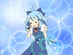  1girl ^_^ ahoge animated animated_gif azakano barefoot blue castanets cirno closed_eyes dancing grin hair_ribbon hirasawa_yui instrument k-on! non-web_source parody ribbon screencap smile solo third-party_edit touhou un_tan 