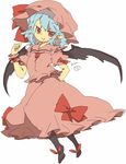  azuma_seiji bat_wings blue_hair bow brooch dress fang full_body hat hat_ribbon jewelry looking_at_viewer mob_cap pink_dress pointy_ears puffy_short_sleeves puffy_sleeves red_bow red_eyes remilia_scarlet ribbon shoe_ribbon shoes short_hair short_sleeves smile solo touhou white_background wings wrist_cuffs 